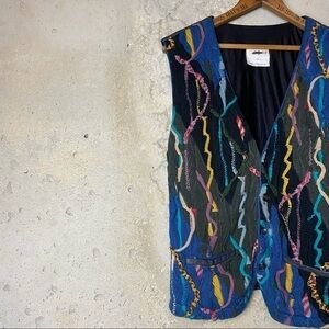 Coogi vintage authentic rare eclectic blue yellow black knit vest leather